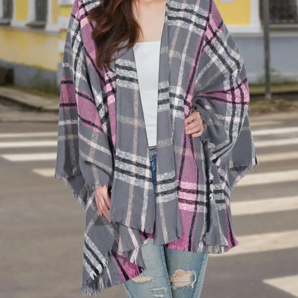 Women's Boho Open Front Poncho Knitted Plaid Shawl Wrap Cape Tassel Cardigan Swe